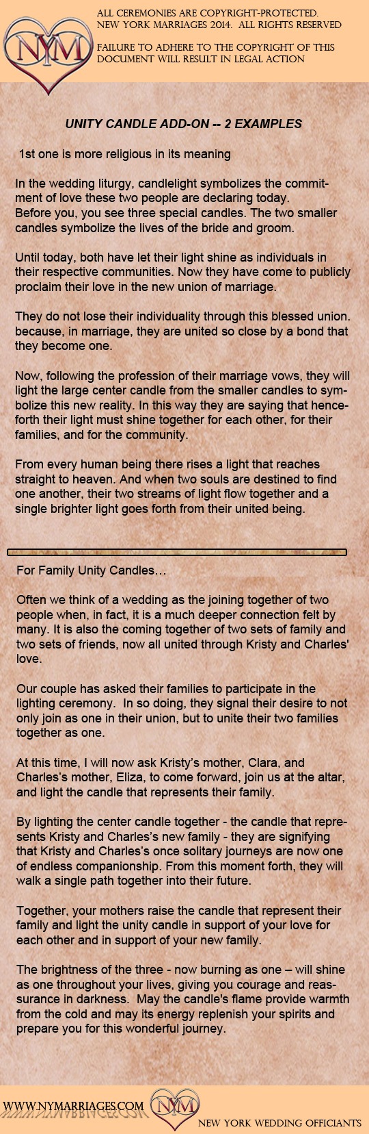 Protected traditional and family unity candle ceremony wording samples from NY Marriages