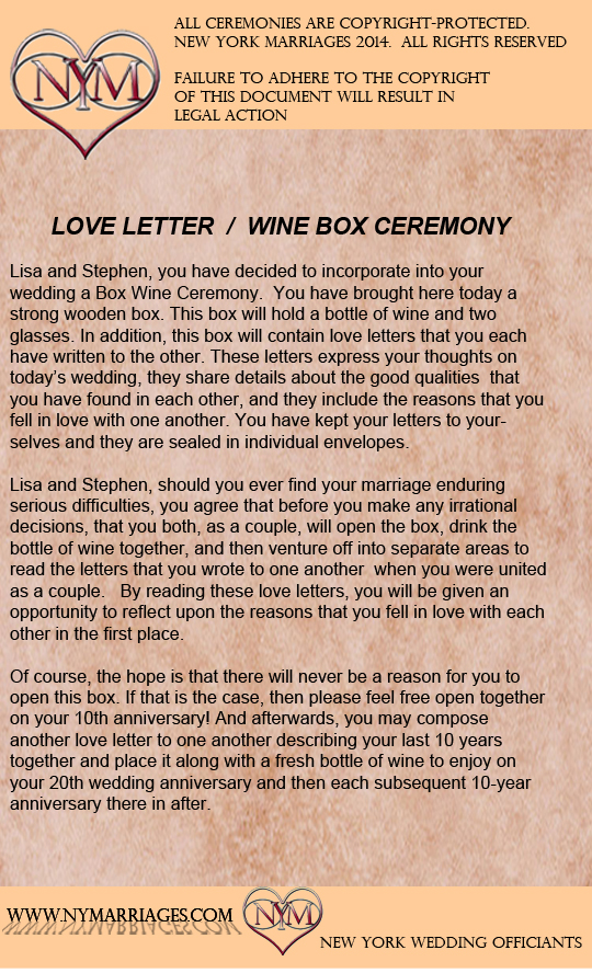 Protected wine box and love letter ceremony wording from NY Marriages