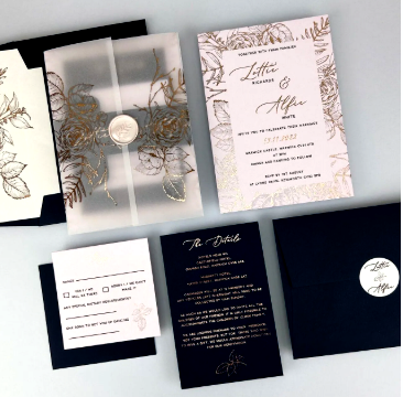 Coordinated wedding invitation suite with floral and navy details